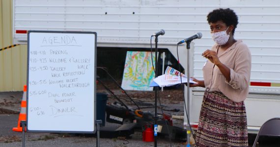 Imani Scott-Blackwell at a meeting of the People's Budget Athens