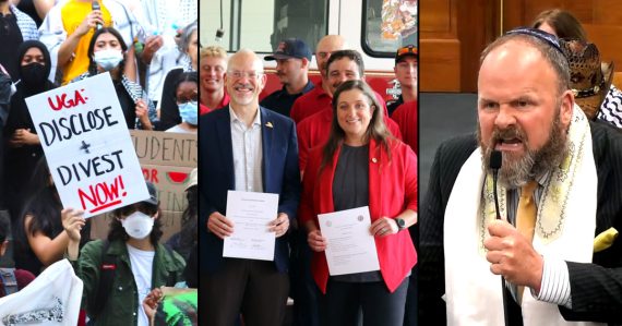 Protestors calling on UGA to divest, Mayor Girtz with the firefighter's union and an angry person with a microphone.