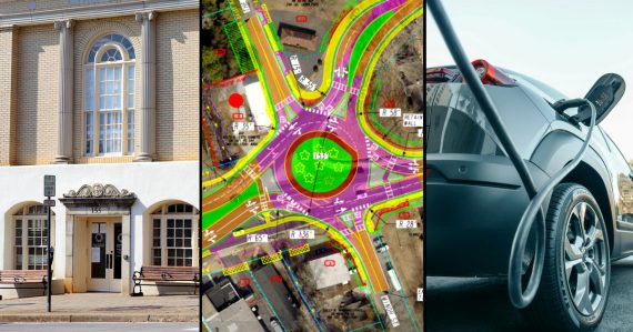 The ACC Board of Elections building, a schematic of a roundabout and an electric car in the process of charging