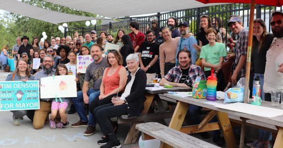 A crowd of supporters at Tim Denson's 2025 campaign kickoff