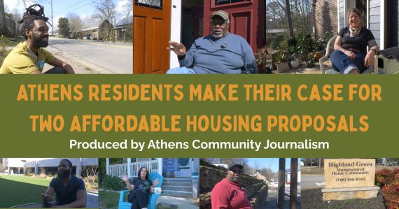 Several photos of Athens residents and a banner that says "Athens residents make their case for two affordable housing proposals."