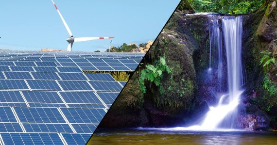 solar panels and a waterfall