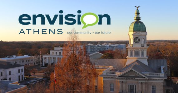 Athens city hall and the Envision Athens logo side by side